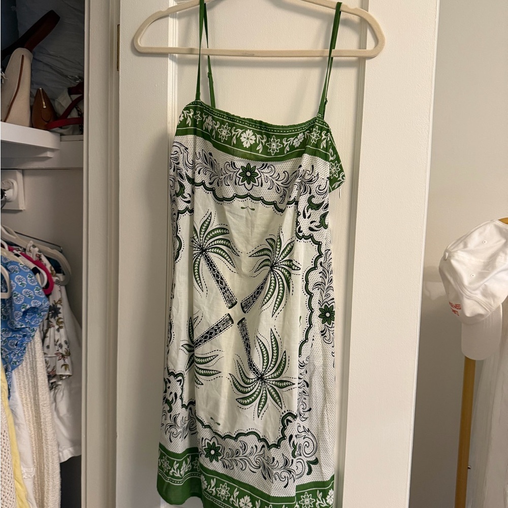 Green and White Palm-Print Slip Dress